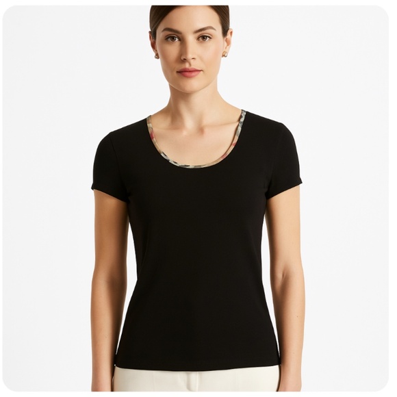 BURBERRY BRIT Black Short Sleeve Tee with Nova Check Neckline Size Medium - Picture 1 of 10